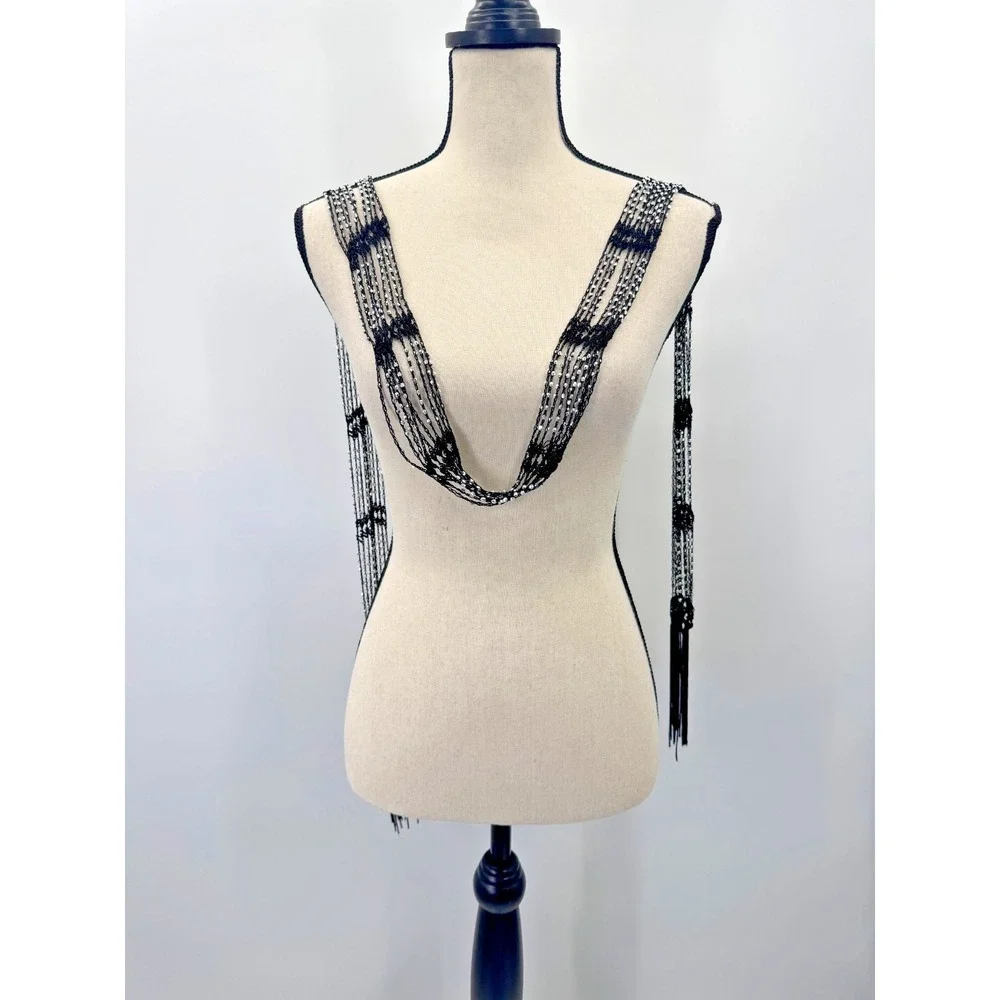 VTG Y2K Black Crochet Silver Beaded Skinny Scarf Neck Tie Fringe Indie Sleaze